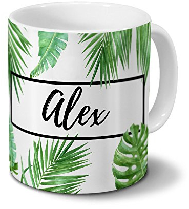 printplanet Tasse mit Namen Alex - Motiv Dschungel Floral Leaf - Namenstasse, Kaffeebecher, Mug, Becher, Kaffeetasse - Farbe Weiß
