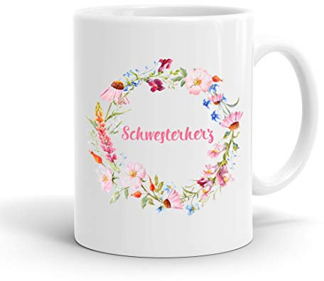 True Statements Schwester Tasse Schwesterherz - Kaffee-Tasse mit Spruch, Geschenk Schwester ? Geschwister, inner white