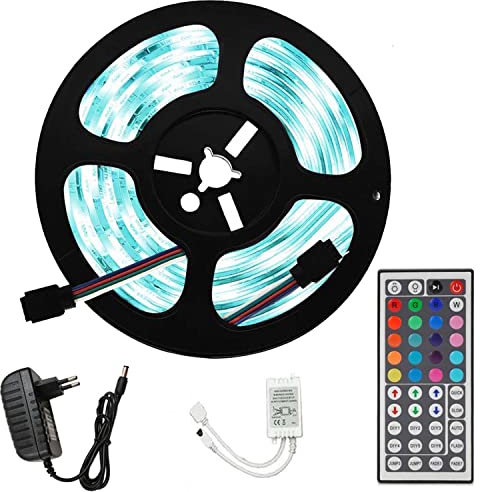 FOLGEMIR LED Streifen 5M RGB LED Strip 5050 SMD 150 LED Band, LED Lichtband Wasserfest mit 44 Tasten Fernbedienung 12V Netzteil für Haus, Raum, Party, Hochzeit, Dekoration