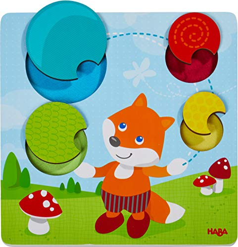 HABA 305346 - Fühlpuzzle Fuchs, Holzspielzeug mit Textil ab 12 Monaten, Rahmenpuzzle zum Fühlen fördert die Feinmotorik und den Tastsinn