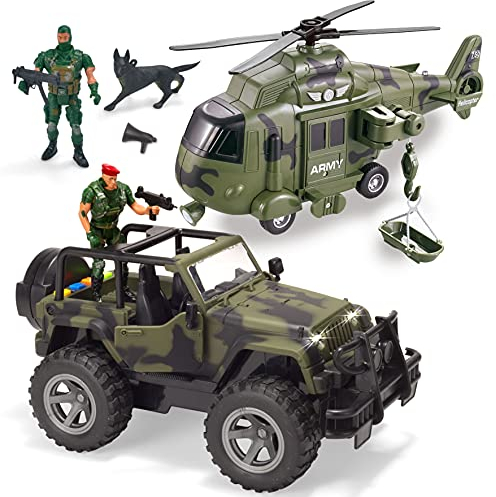 JOYIN 2 Stücke Realistisches Reibungsbetriebenes Militärfahrzeug Autoset mit Licht und Geräuschsirenen, einschließlich Umwandelbarem Militär LKW, Hubschrauber, Armee Männer Actionfiguren und Zubehör
