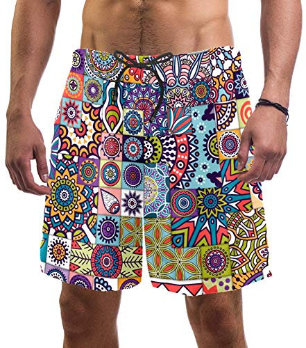 Herren Strandshorts im Mandala-Stil, elastischer Badeanzug Boardshorts für Herren Gr. XL, multi
