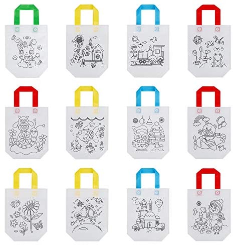 MengH-SHOP DIY Graffiti Taschen Kinder Stoffbeutel Set Non-Woven-Tasche Stofftaschen zum Bemalen Farbfüllung Muster Geschenk 12 Muster 24 Stück