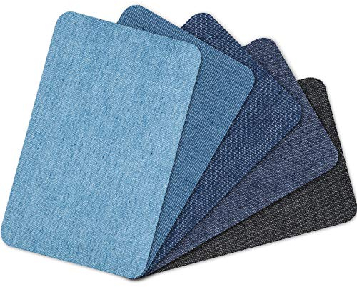 5 Pieces Iron on Jean Patches Denim Jean Repair Patches Clothing Repair Patch Kit Assorted Iron on Denim Patches for Jacket Clothes, 4.9 x 3.7 Inches (Black, Dark Blue, Royal Blue, Blue, Light Blue)