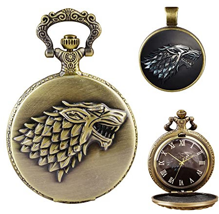 Tiong Männer Taschenuhr und Kette Steampunk Wolf Wölfe Muster Quarz Taschenuhren Halskette Moderne Uhren Box