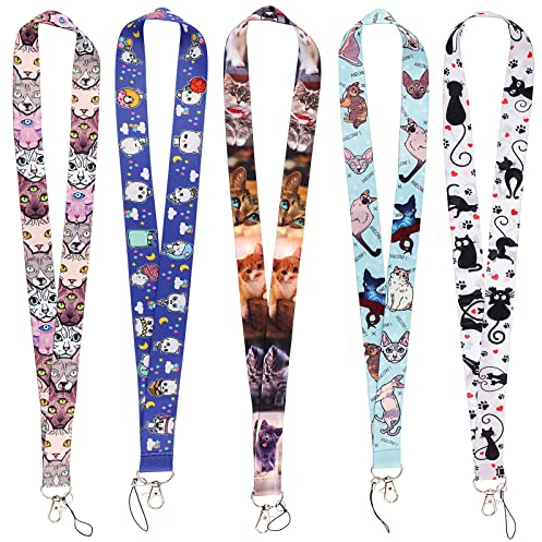 Lot de 5 cordons tour de cou mignons pour porte-badge, porte-clés, carte d'identité, jolis chats et chiens, cadeau pour femmes et filles