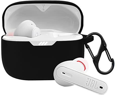 Seltureone Silikon Hülle Kompatibel für JBL Tune 230 NC TWS, Front-LED Sichtbar, Weicher, Rutschfester, Stoßfester 360 Grad Rundum Schutzhülle – Schwarz