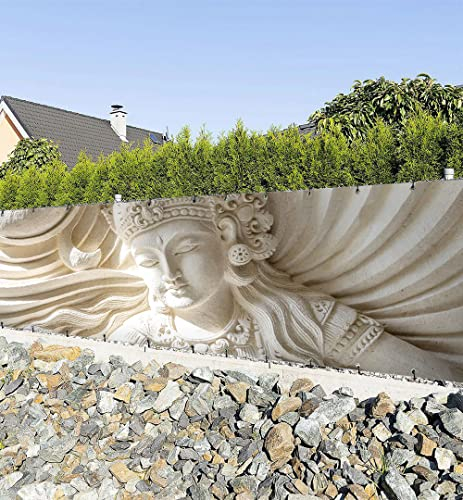 MyMaxxi Zaunbanner Sichtschutz - versteinerte Buddha Figur 3D - Abdeckung für Terrasse Zaun - Windschutz Sonnenschutz Blickdicht - Zaunverkleidung wetterfest -