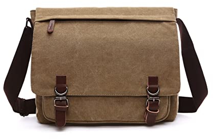 FANDARE Retro Umhängetasche Herren Segeltuch Arbeitstasche Messenger Bag Schultertasche passen 12,9-Zoll-Laptop Herrentasche Umhängen für Reise Schule Hochschule Arbeit Outdoor Schulranzen Khaki
