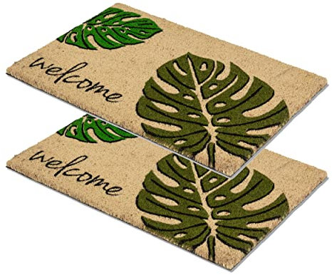 Carpido Fußmatte Kokos Monstera Welcome – Türmatte 40x60 cm 2er Set – antibakterielle Matte – Kokosmatte mit Vinylrücken – natürliches Material – 100% Kokos