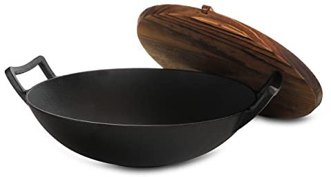 Megachef Wok en fonte robuste de 35,6 cm avec couvercle en bois