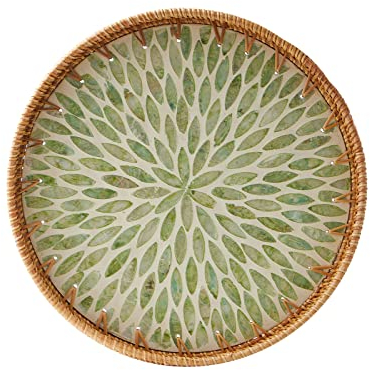 Rundes Rattan-Tablett mit Perlmutt-Inlay, Rattan-Serviertablett mit Holzboden, dekorativer Weidenkorb für Tischdekoration, Aufbewahrung und Präsentation von Kaffee, Brot, Lebensmitteln, Obst (Blatt)