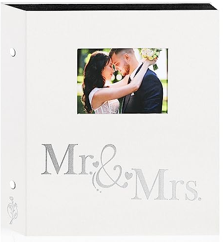 Lanpn Wedding Photo Album 6x4 600 Pocket Photos Slip in, Linen Cover Large Capacity Newlywed Marriage Window Album Hold 600 Portrait Landscape Photos (Mr & Mrs, White)