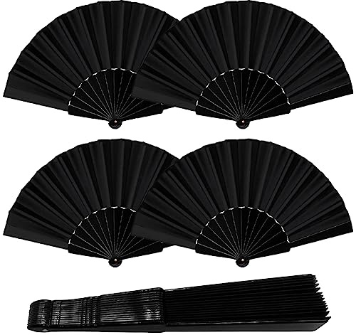IOUALEY 4 Pcs Folding Hand Fan, Black Silk Fabric Hand Held Fans Chinese Foldable Fan for Women/Men Wedding Dance Home Decoration