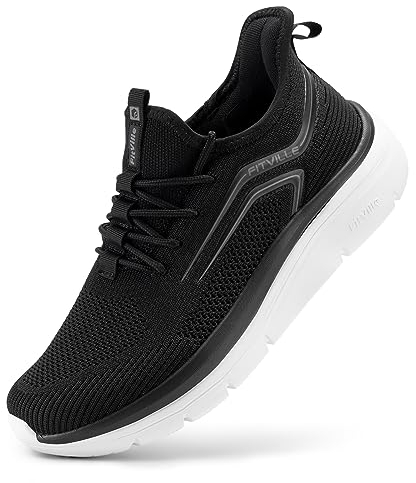 FitVille Extra Weit Laufschuhe Herren Gedämpft Joggingschuhe Helle Sohle Straßenlaufschuhe Atmungsaktiv Sportschuhe Fitnessstudio rutschfest Turnschuhe Schwarz Weiß 45 EU X-Weit