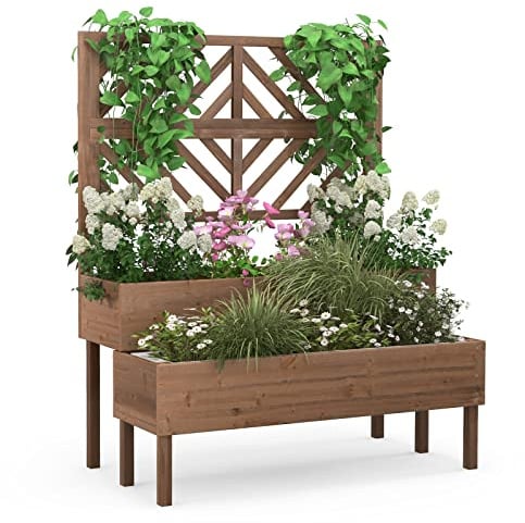 COSTWAY Fioriera da Giardino a 2 Livelli con Traliccio, Letto Rialzatto con Gambe in Legno, Foro di Drenaggio, Fioriera da Interno ed Esterno per Frutta, Verdura, Fiori ed Erbe Rampicanti (Marrone)