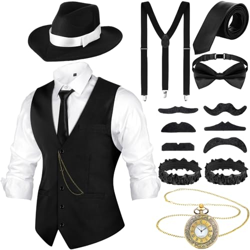 Blulu 1920er Jahre Herren Accessoires mit Weste Fedora Hut Taschenuhr Hosenträger Krawatte (Schwarz, Schwarz Weiß, XL) c