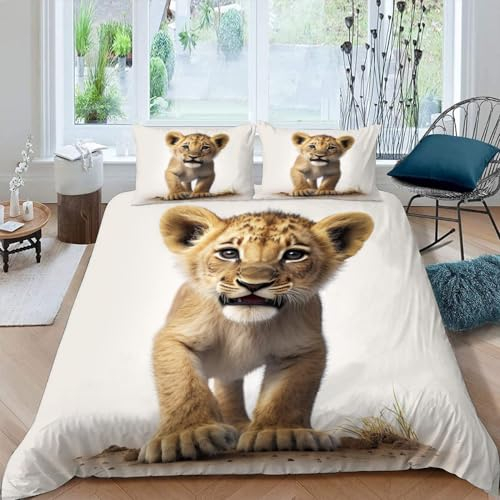 Bettwäsche 135x200 Lion Mädchen Jungen Bettbezug 3 teilig Kleiner Löwe 3D Print Kinder Bettwäschesets mit Kissenbezug 80x80 Mikrofaser mit Reißverschluss