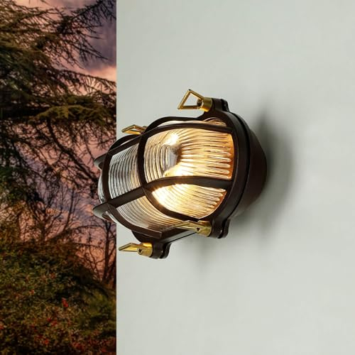 Licht-Erlebnisse Außenwandleuchte Messing Glas in Rostbraun Antik IP64 Hof Terrasse B:21 cm E27 Riffel nostalgisch Maritime Außenlampe Garten SKIATHOS