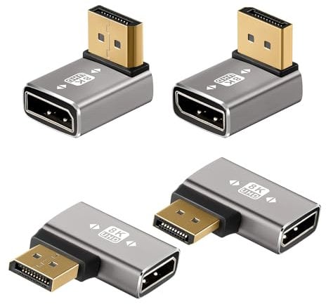 Right Angle 8K DisplayPort 1.4 Adapter Multi-Type 90 Degree and 270 Degree Adapter 4 Pack, DP Male to Female Vertical Connector Converter DP L Shape Extender, Support 8K@60Hz，4K@144Hz，4K@60Hz，4K@30Hz