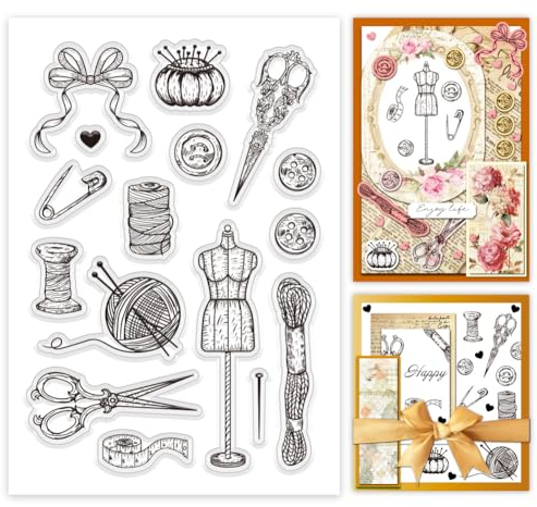 PH PandaHall Sewing Clear Stamps Für Die Kartengestaltung Strick Stempel Transparenter Retro Handwerksstempel Häkelgarn Scheren Siegelstempel Für DIY Scrapbooking Stempel Papier Fotoalbum