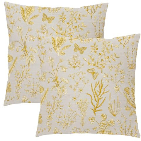 Kawani Frühlingsgelbe Kissenbezüge mit Blumenmuster, 45,7 x 45,7 cm, Vintage-Stil, Wildblumen, Kräuter, Pflanze, Schmetterling, dekorative Kissenbezüge, Dekoration für Sofa, Couch, Outdoor, 2 Stück