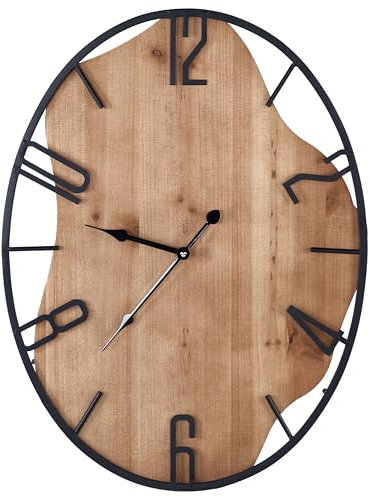 Beliani Wanduhr Metall Heller Holzfarbton/schwarz oval mit arabischen Zahlen Meynes