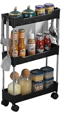 Multibao 3 Tier Slim Slide Out Kitchen Trolley Rack Holder Storage Shelf Organiser with Wheels for Small Spaces Bathroom Kitchen Laundryroom Bedroom Space-Saving (Black 13cm*40cm*58m)