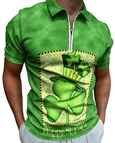 LOIJMK Herren St. Patricks Day Mode Lässig 3D Digitaldruck Reißverschluss Kurzarm Hemdbluse Retro Uhren (Mint Green, XXXXL)
