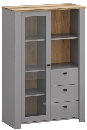 Feldmann Preiswert Wohnen Glasvitrine Latour Standvitrine 90x42x135cm grau Eiche Delano