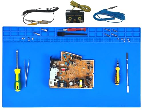 23.7''x13.8'' Extra Large Soldering Mat with Wrist Strap and Grounding Cord, 932°F Heat Resistant Silicone Work Mat, Large Repair Mat for Electronics, Cellphone, Laptop Repair (Blue)