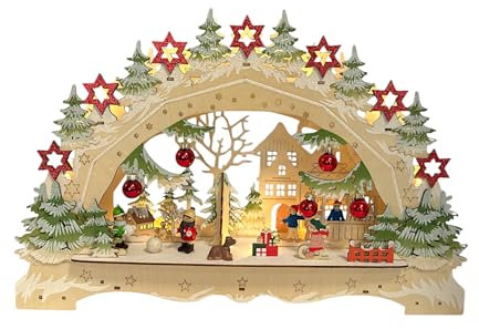 Wichtelstube-Kollektion LED Schwibbogen Weihnachtsmarkt Lichterbogen Weihnachten beidseitig bemalt Schwippbogen Echtholz batteriebetrieben mit integrierten Timer 45cm