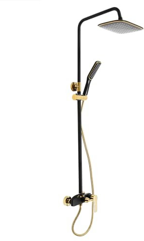 Colonne de douche, robinet, douche à effet pluie, système de douche avec douchette à main, réglable en hauteur (noir, doré)