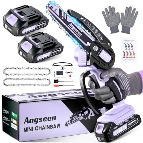 Mini tronçonneuse 6 Pouces avec batteries et chaînes, scie à chaîne sans fil pour l'élagage d'arbres, les branches (Violet*2 batterie)