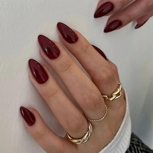 Burgundy Almond Press On Nails, 24Pcs Long False Nails, Glossy Wine Red Stick On Nails Full Cover, Reusable Acrylic Fake Nails With Glue For DIY Nail Art For Women And Girls Daily Special Occasions