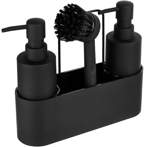 CAUTIOUS 4 en 1 Distributeur Liquide Vaisselle Noir 300ML Distributeur Savon Liquide Ensemble de Distributeur de Savon Liquide avec Porte-torchon Brosse Distributeur Savon Cuisine Salle de Bain (Noir)