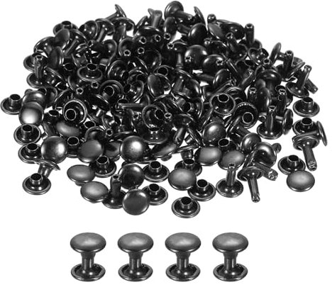 sourcing map 100 Sets Leather Rivets, 7 x 8mm Double Cap Rivets Metal Studs Rivet for Leather Craft Repair DIY Purse Belts Bags Shoes, Gun Black
