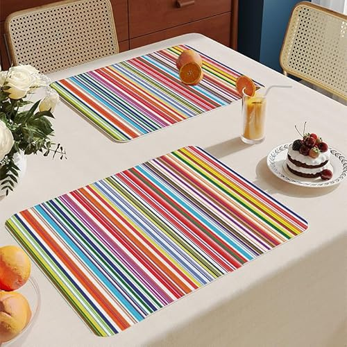 Platzset Abwischbar Bunte Streifen Platzset 6Er Set rutschfest Tischsets Abwaschbar PVC Abgrifffeste Hitzebeständig Platzdeckchen Schmutzabweisend Platzsets Für Küche Speisetisch
