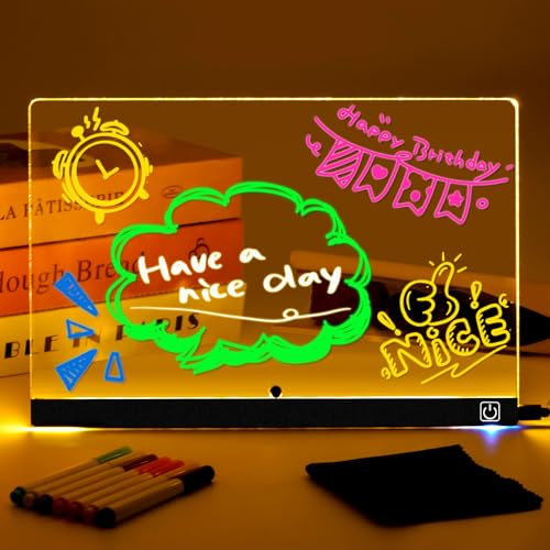 Tablette Lumineuse Dessin pour Enfants avec Interrupteur on/off, Super Facile à Nettoyer & Support Amélioré, Tableau Lumineux Message LED avec 7 Marqueurs Néon, 30x20 cm, Cadeau Créatif pour Enfants