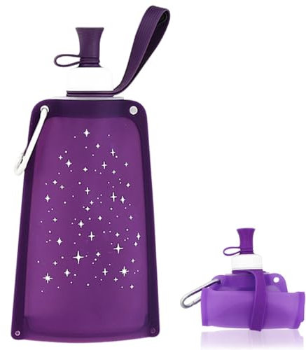 550ML Foldable Silicone Water Pouch Reusable BPA Free Collapsible Water Bottle, Flexible Drink Pouch Bag Squeezable Hydration Flask with Carabiner for Outdoor Sports, Running, Travel, Biking (Purple)