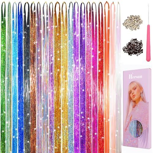 Hersun Glitter Hair Tinsel Kit 20 Colors 6300 Strands 48in With Tools Hair Tinsel Heat Resistant Fairy Hair Highlights For Halloween and Christmas