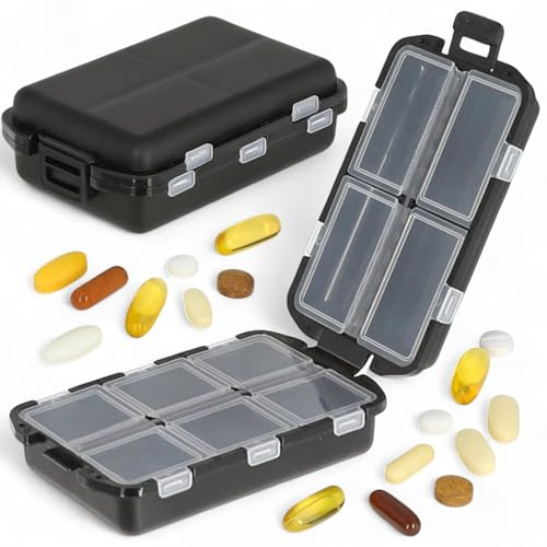 MIJOMA Pillenbox mit 10 Fächern – Medikamentendosierer kompakt & robust – Reise-Pillendose für Tabletten & Vitamine – Schwarz – BPA-frei – 10x7x3cm – Wasserfest