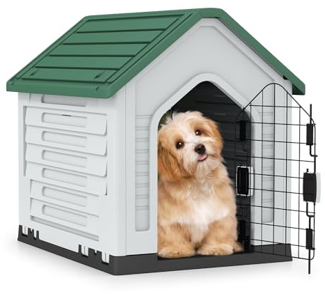COSTWAY Hundehütte Outdoor, wetterfestes Hundehaus mit abschließbarer Metalltür, Belüftungsschlitzen, geneigtem Dach, Haustierhaus für kleine Hunde & Katzen, Hundekäfig für Indoor (Grün)