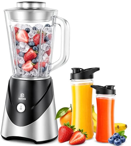 Retoo Blender Standmixer 10-in-1, 1,2L Edelstahl, 2x Bidons, Smoothie Maker mit Ice-Crush Funktion, leistungsstark, BPA-frei, Ideal für Shakes und Smoothies, Multifunktional