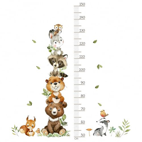 Wandtattoo Waldtiere mit Messlatte, Höhenmesser 50–170 cm | Selbstklebender Wandaufkleber zur Wachstumsmessung und Dekoration für Babyzimmer und Wohnräume