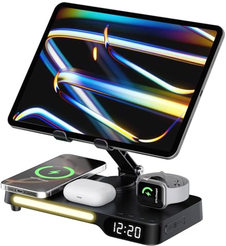 7-in-1 Wireless Charging Station for Apple/Samsung/Tablet Multiple Devices | Foldable iPad/Tablet Stand with Clock Display & LED Night Light,Wireless Fast Charging Stand for Multiple Devices,Black