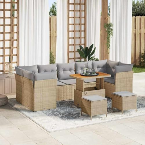 kithwjll Gartensofa Set 10-teilig Beige Poly-Rattan wetterfest mit Akazienholz, modular, inkl. Kissen, für Garten, Balkon und Terrasse, komfortabel, UV-beständig, leicht, Sitzplatz für 9 Personen