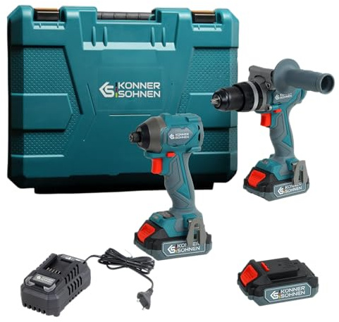 K&S Könner&Söhnen KS IDISD 20V SET 2 PLUS kabelloses 2-in-1 Set Schlagbohrmaschine und Schlagschrauber zum Bohren,mit 2×2Ah 20V Akkus und Ladegerät im Koffer + Akku (KS 20V2-1) als Geschenk!
