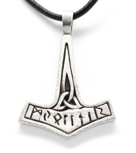 Pewter Thor's Hammer Runes Triquetra Mjolnir Pendant on Leather Necklace, Pewter, No Gemstone