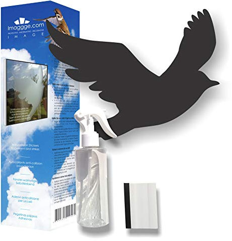 22 adesivi anticollisione per uccelli - Per evitare che gli uccelli urtino il vetro - Kit completo di cui 22 uccelli , spray e una spatola - Colore: Nero